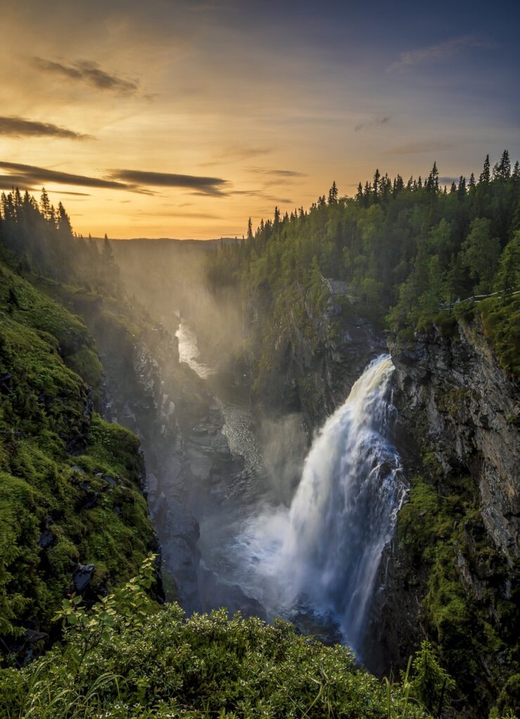 Large waterfall with pine trees all along both sides of the river below the waterfall.
Image on the Home - SARA page