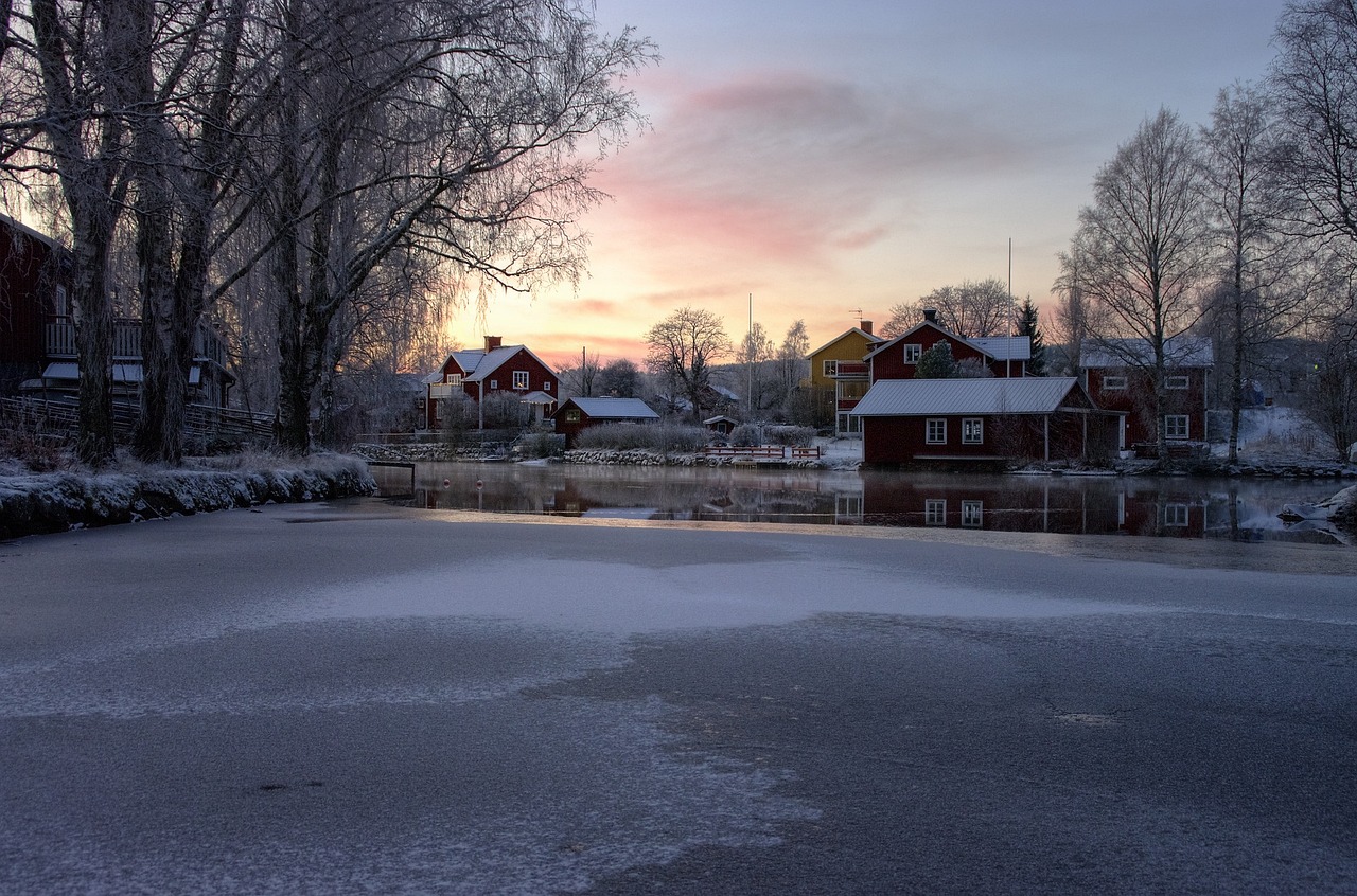 Swedish village in winter with snow on grass and roofs of red and yellow houses and some trees with ice on them at sunrise.
image on Items for Sale page